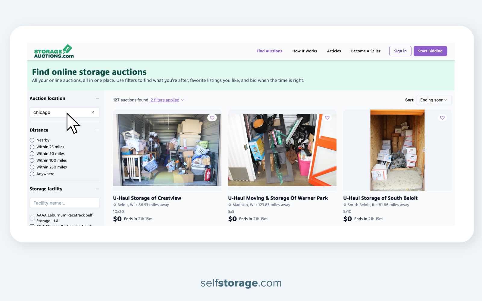 A website interface mockup from selfstorage.com shows online bidding listings with thumbnail photos, unit sizes, and countdown timers for units in the Chicago area. This digital platform illustrates a modern answer to how do storage auctions work via remote, internet-based bidding.