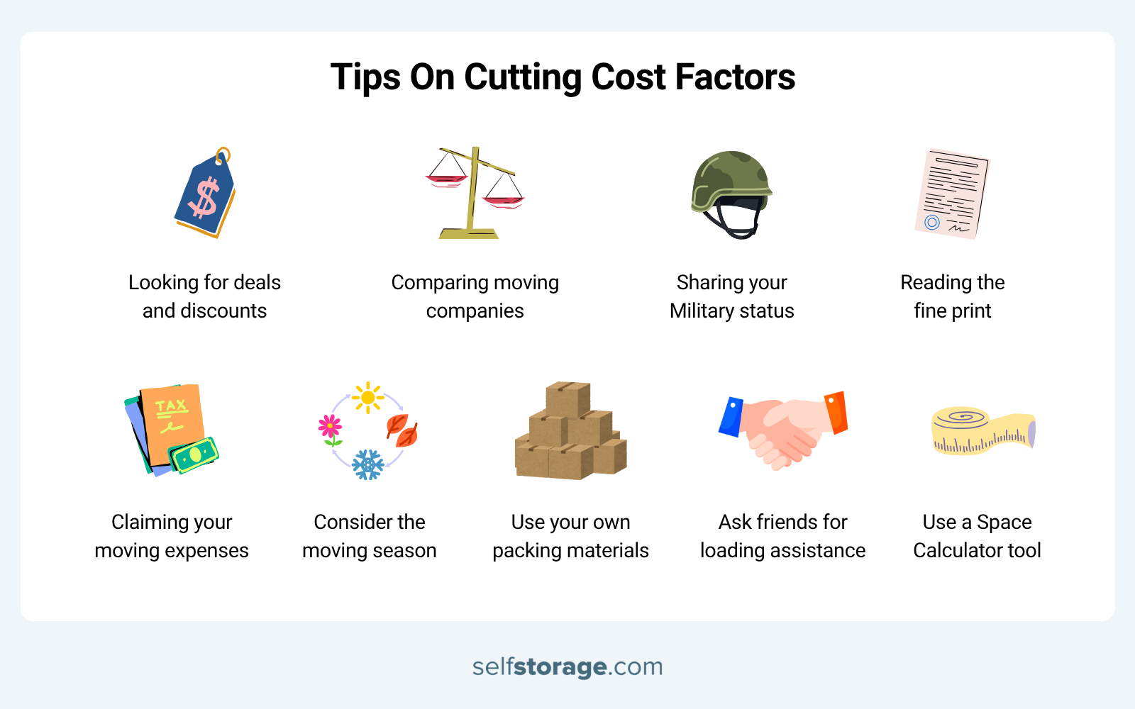 Graphics with tips for cutting costs for both moving truck and portable storage container rentals