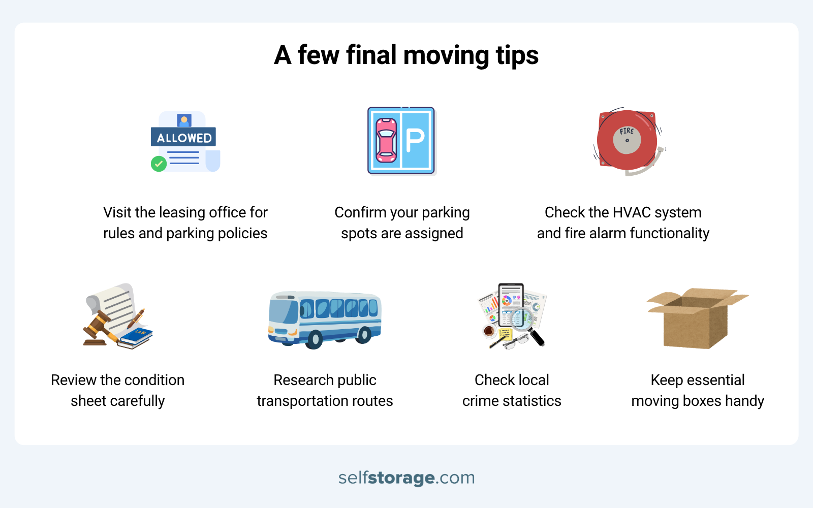 An infographic from selfstorage.com titled "A few final moving tips" that serves as a visual guide for readers. It features a list of seven actionable points, each with an icon: visit the leasing office for rules and parking policies, confirm your parking spots are assigned, check the HVAC system and fire alarm functionality, review the condition sheet carefully, research public transportation routes, check local crime statistics, and keep essential moving boxes handy.