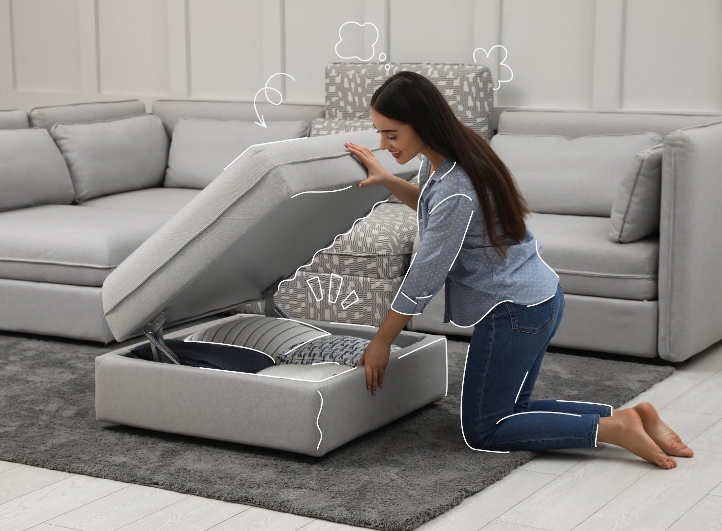 Woman organize items in ottoman storage