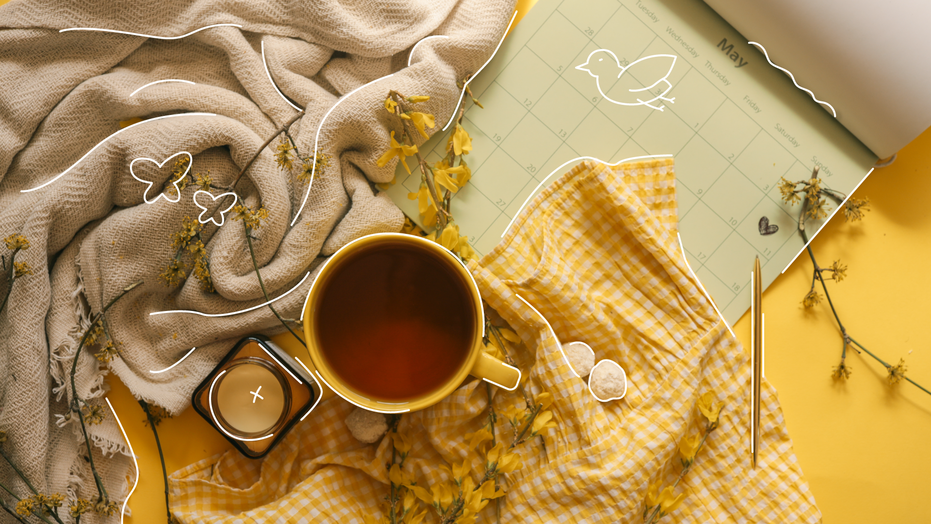 stylized photo of cozy blankets and a hot beverage