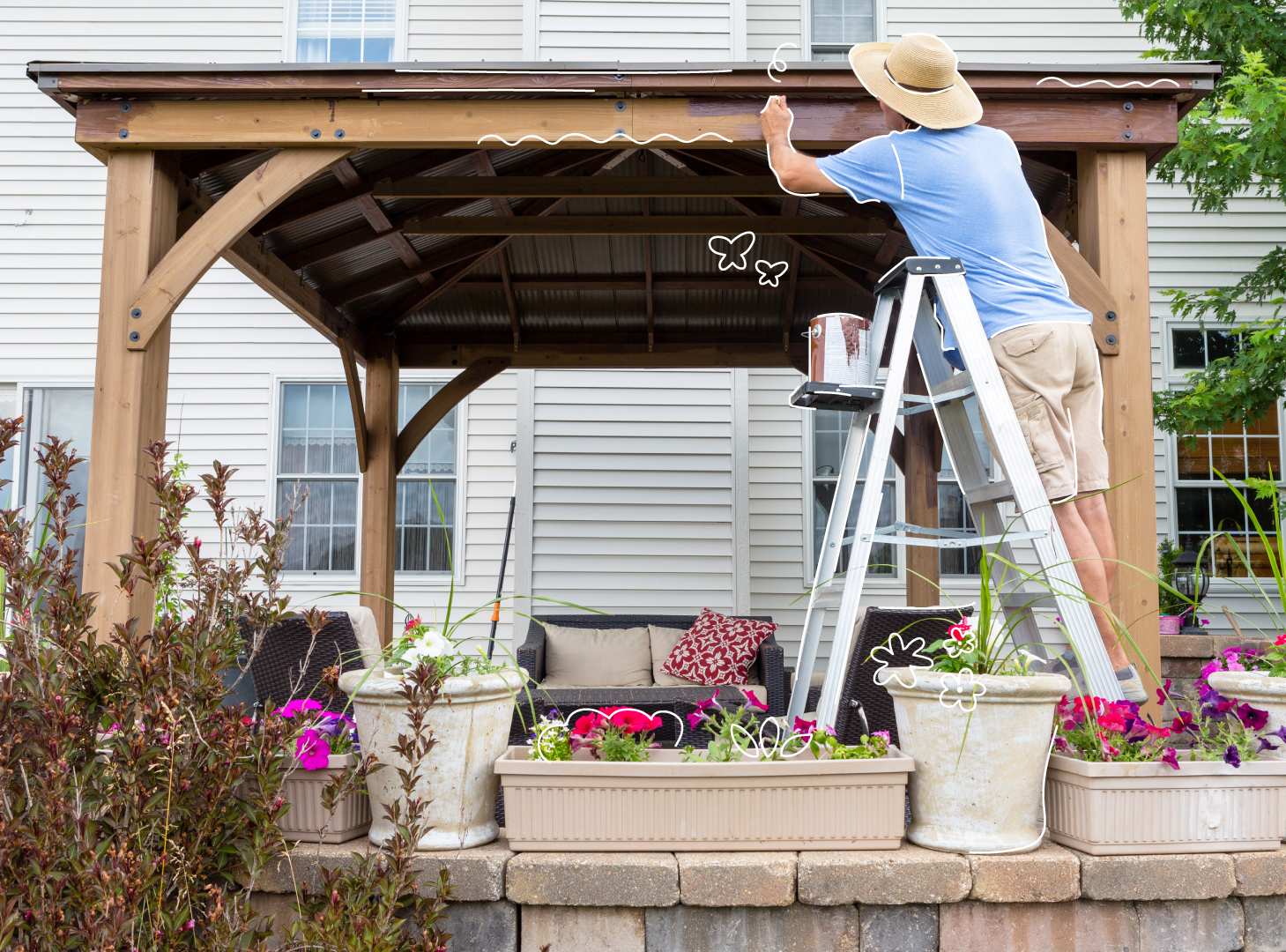 stylized photo of man preparing home exterior for winter