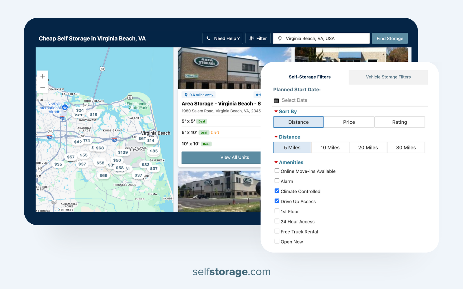 a screenshot of selfstorage.com's map and filter feature