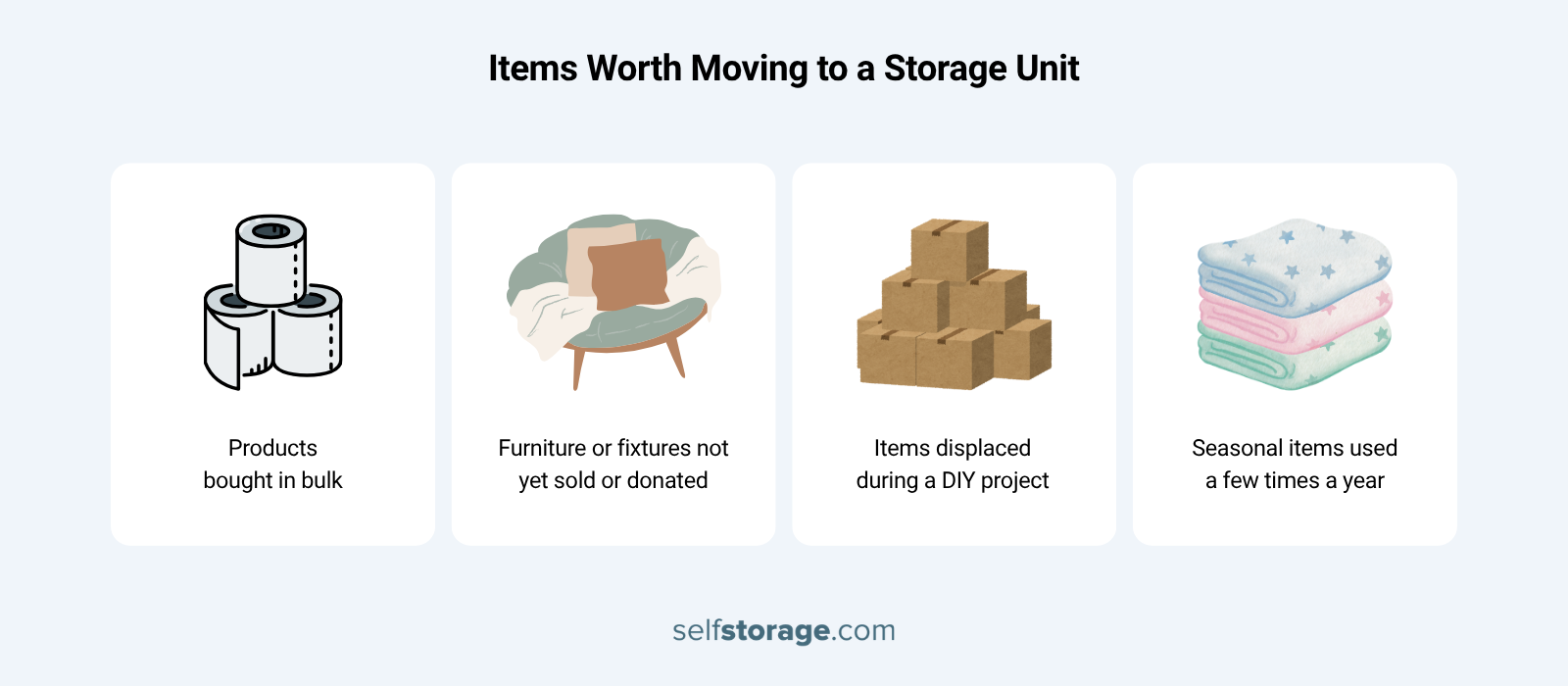 graphics with guide on how to organize a bathroom with items worth moving to a storage unit